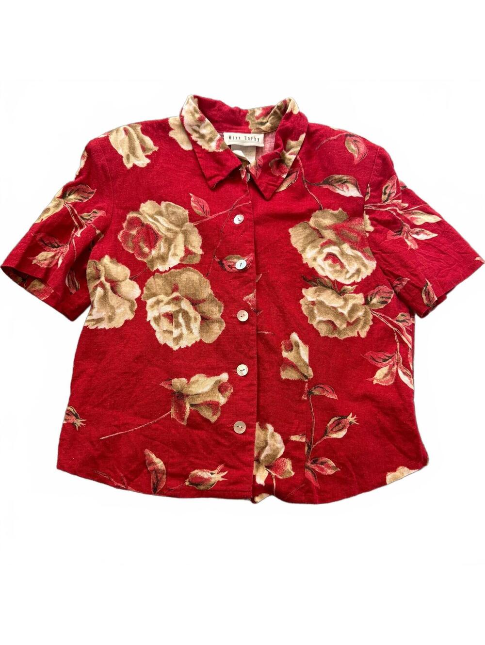 Miss Dorby Red Rose Linen Blouse Split Open Vent Back Button Top Sz 12 Vtg 90s